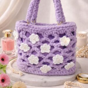 Haqiba Lavender Pearl Bloom Crochet  Bag