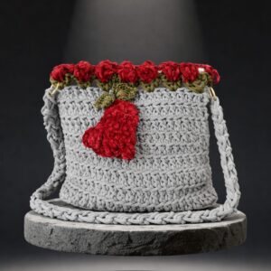 Haqiba Flower & Bell Top Crochet Bag | (Grey Red)
